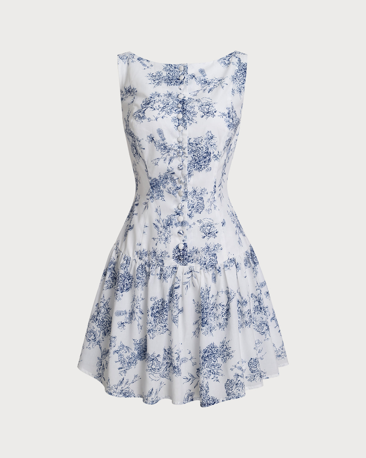 Blue Floral Boat Neck Sleeveless Mini Dress - Threadford