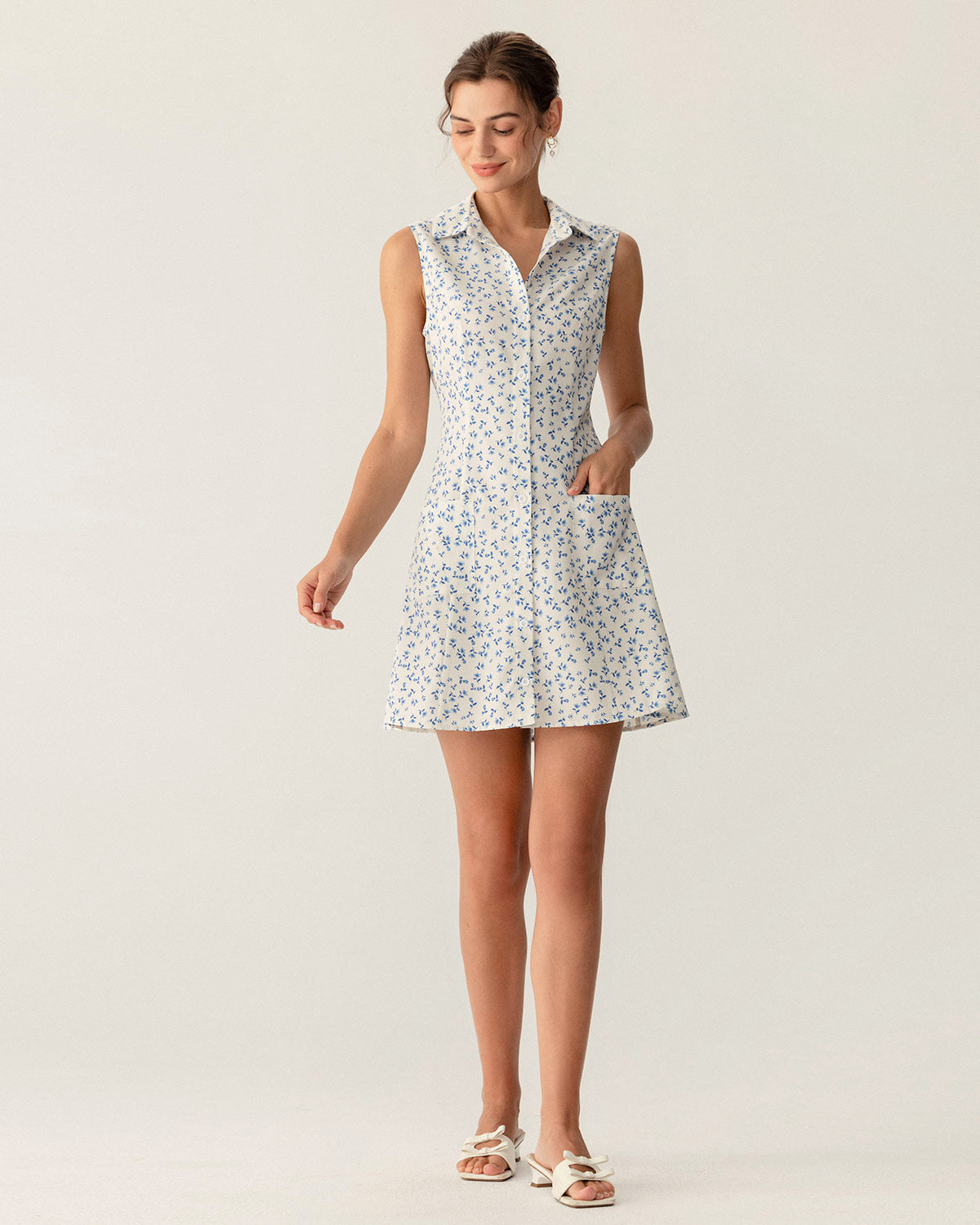Blue Floral Pocket Sleeveless Mini Dress - Threadford