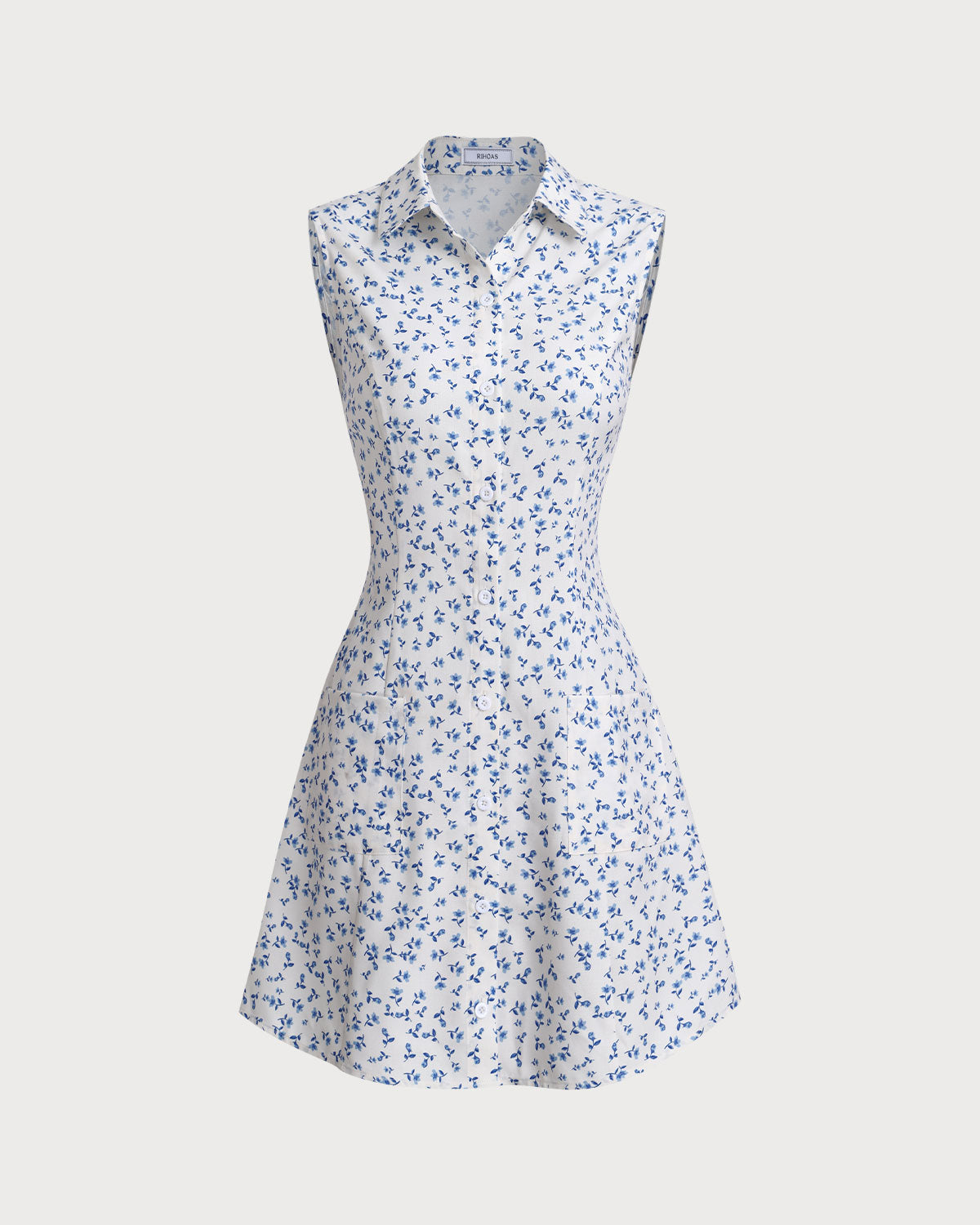 Blue Floral Pocket Sleeveless Mini Dress - Threadford
