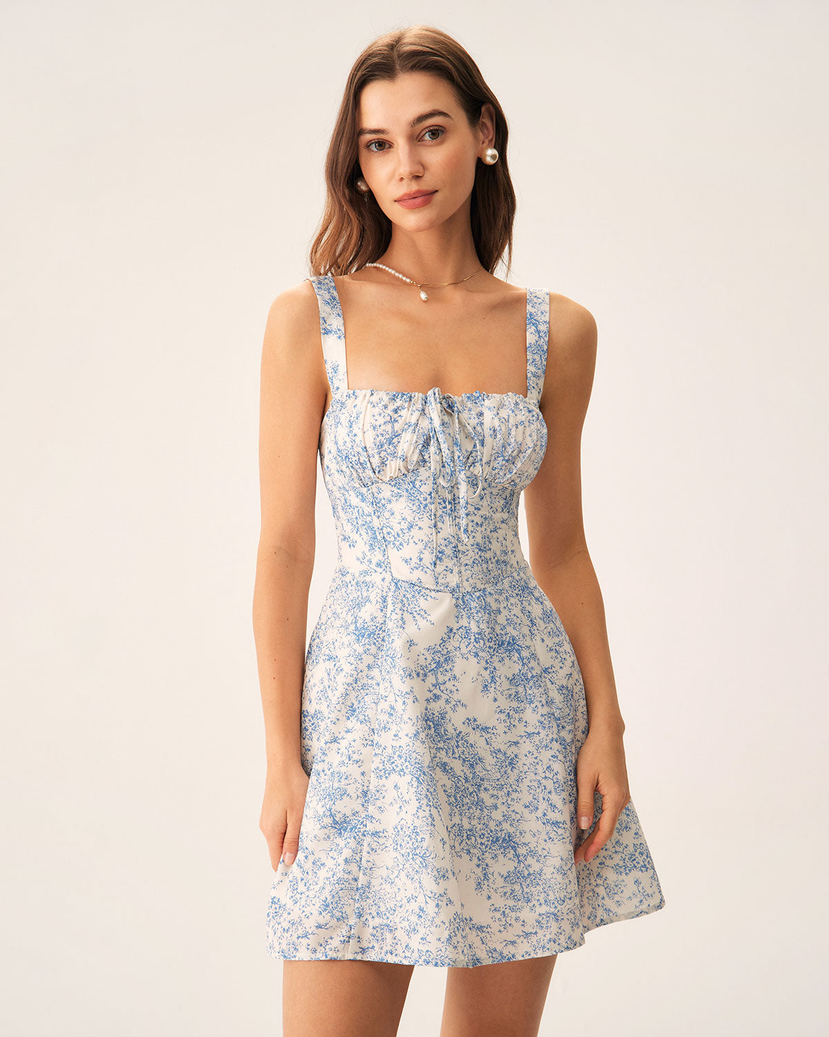 Blue Floral Ruched Slip Corset Mini Dress - Threadford