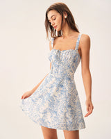 Blue Floral Ruched Slip Corset Mini Dress - Threadford