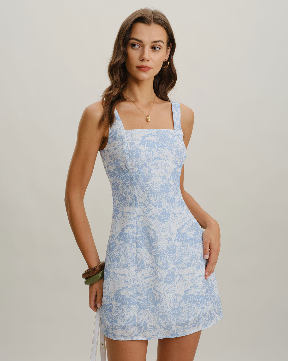 Blue Floral Square Neck A-Line Slip Mini Dress - Threadford