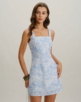 Blue Floral Square Neck A-Line Slip Mini Dress - Threadford