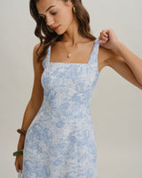 Blue Floral Square Neck A-Line Slip Mini Dress - Threadford