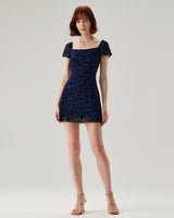 Blue Floral Square Neck Mesh Mini Dress - Threadford