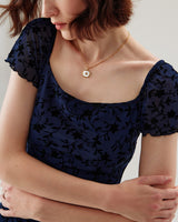 Blue Floral Square Neck Mesh Mini Dress - Threadford