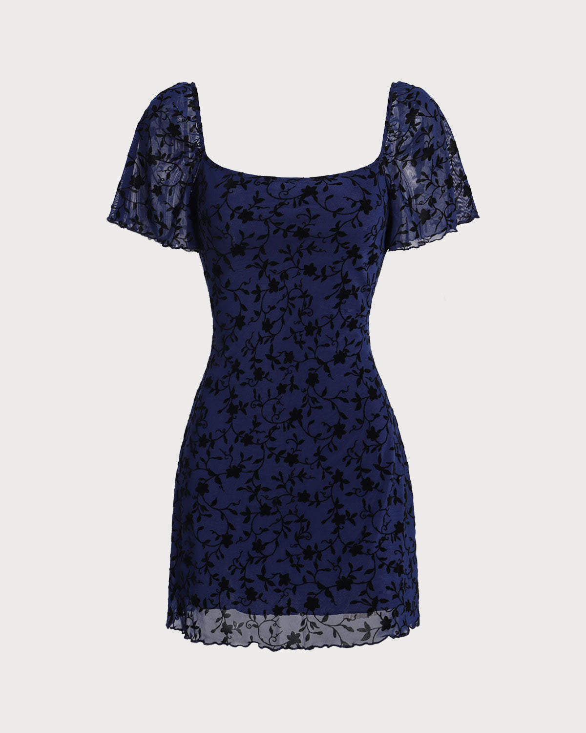 Blue Floral Square Neck Mesh Mini Dress - Threadford
