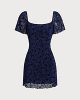 Blue Floral Square Neck Mesh Mini Dress - Threadford
