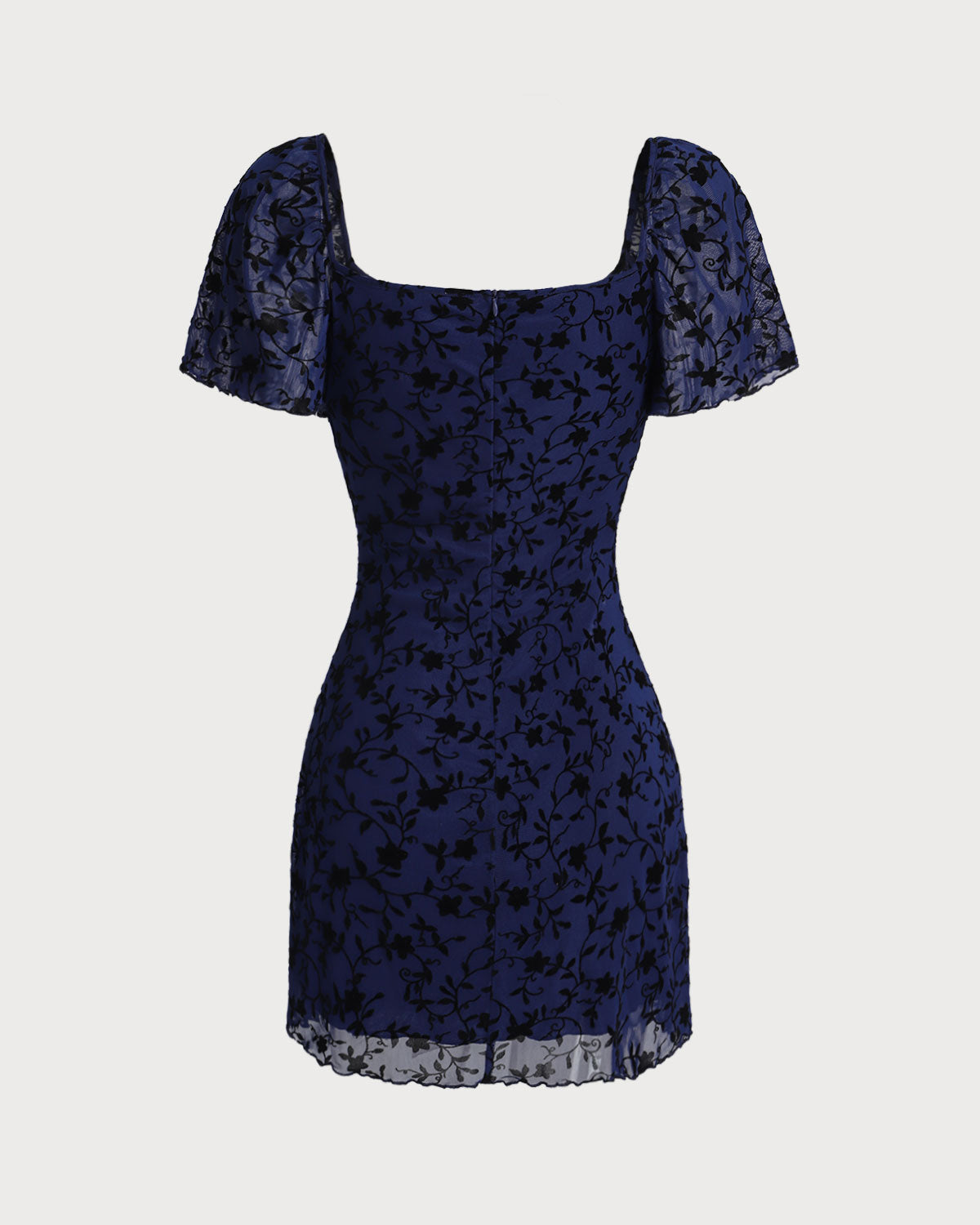 Blue Floral Square Neck Mesh Mini Dress - Threadford