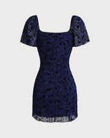 Blue Floral Square Neck Mesh Mini Dress - Threadford