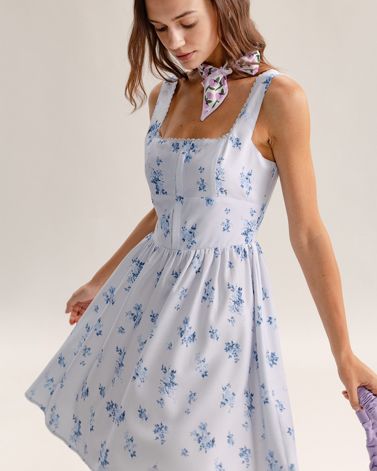 Blue Floral Square Neck Slip Mini Dress - Threadford