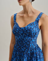 Blue Floral U-Neck Shirred Mini Dress - Threadford