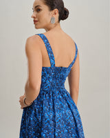 Blue Floral U-Neck Shirred Mini Dress - Threadford