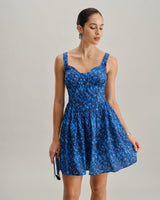 Blue Floral U-Neck Shirred Mini Dress - Threadford
