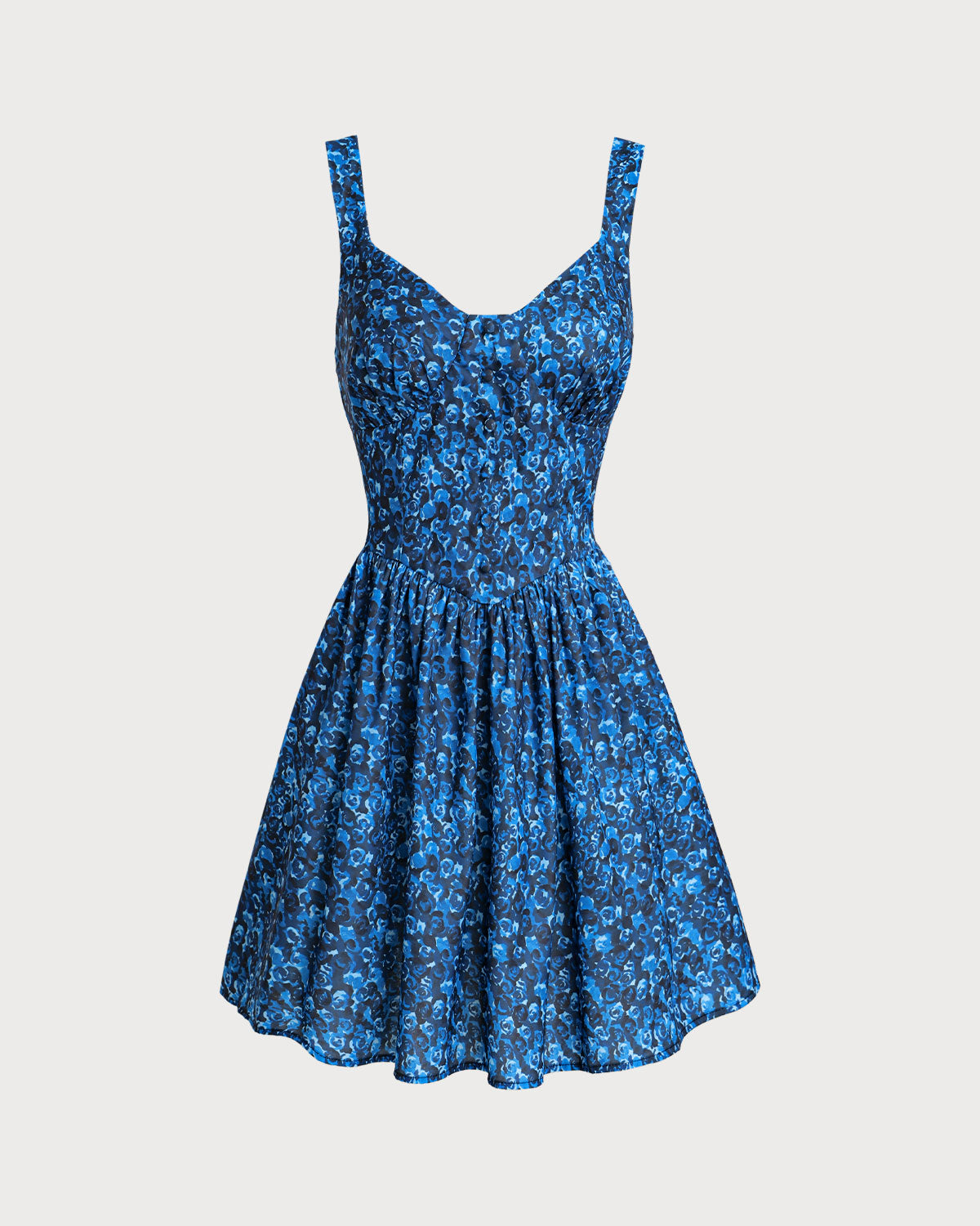 Blue Floral U-Neck Shirred Mini Dress - Threadford