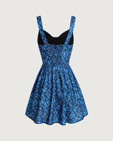 Blue Floral U-Neck Shirred Mini Dress - Threadford