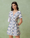 Blue Floral V-Neck Button A-Line Mini Dress - Threadford