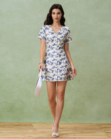 Blue Floral V-Neck Button A-Line Mini Dress - Threadford
