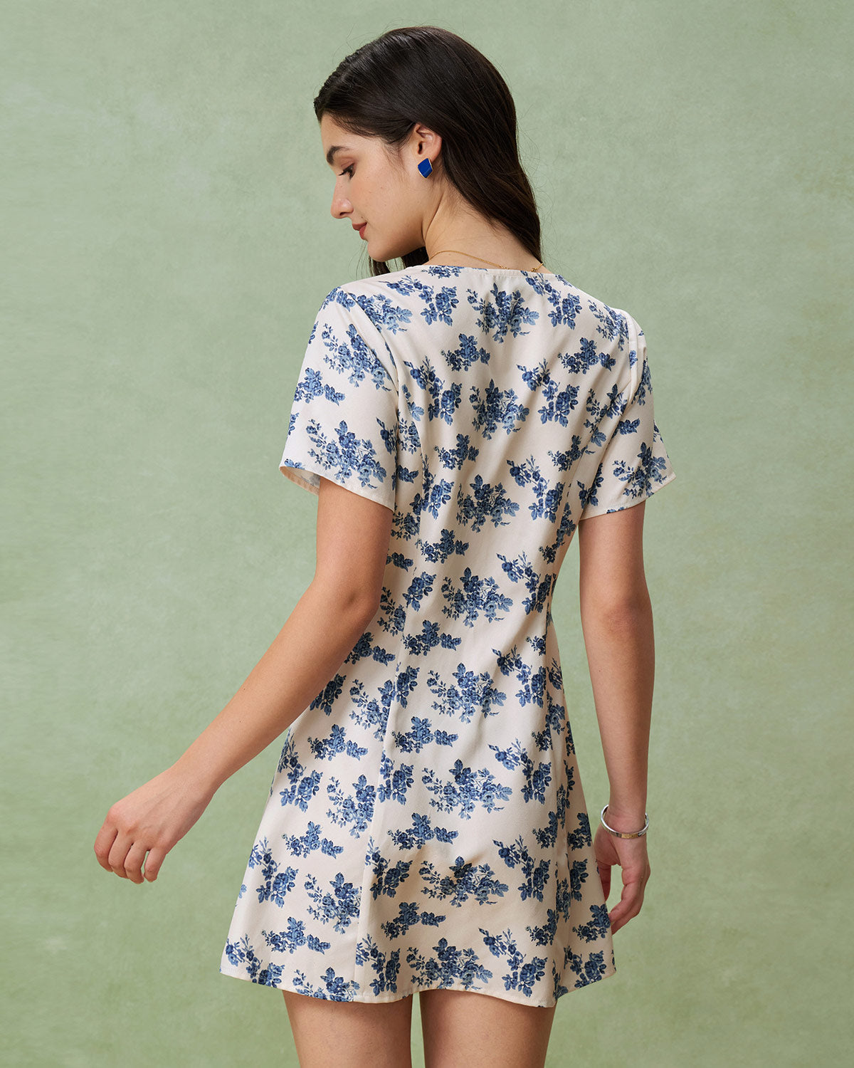 Blue Floral V-Neck Button A-Line Mini Dress - Threadford