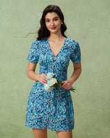 Blue Floral V-Neck Button Mini Dress - Threadford