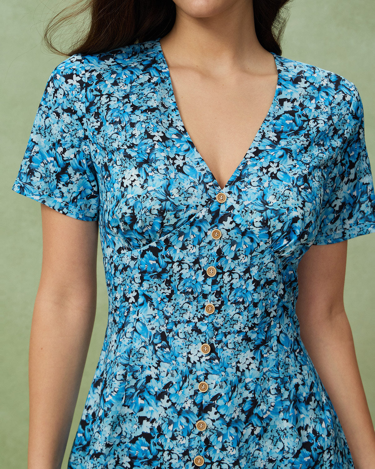 Blue Floral V-Neck Button Mini Dress - Threadford