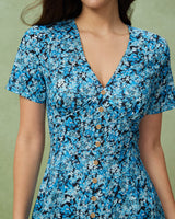 Blue Floral V-Neck Button Mini Dress - Threadford