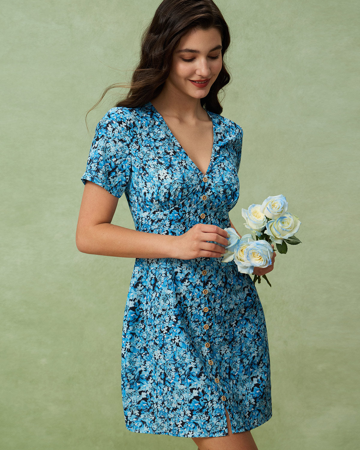 Blue Floral V-Neck Button Mini Dress - Threadford
