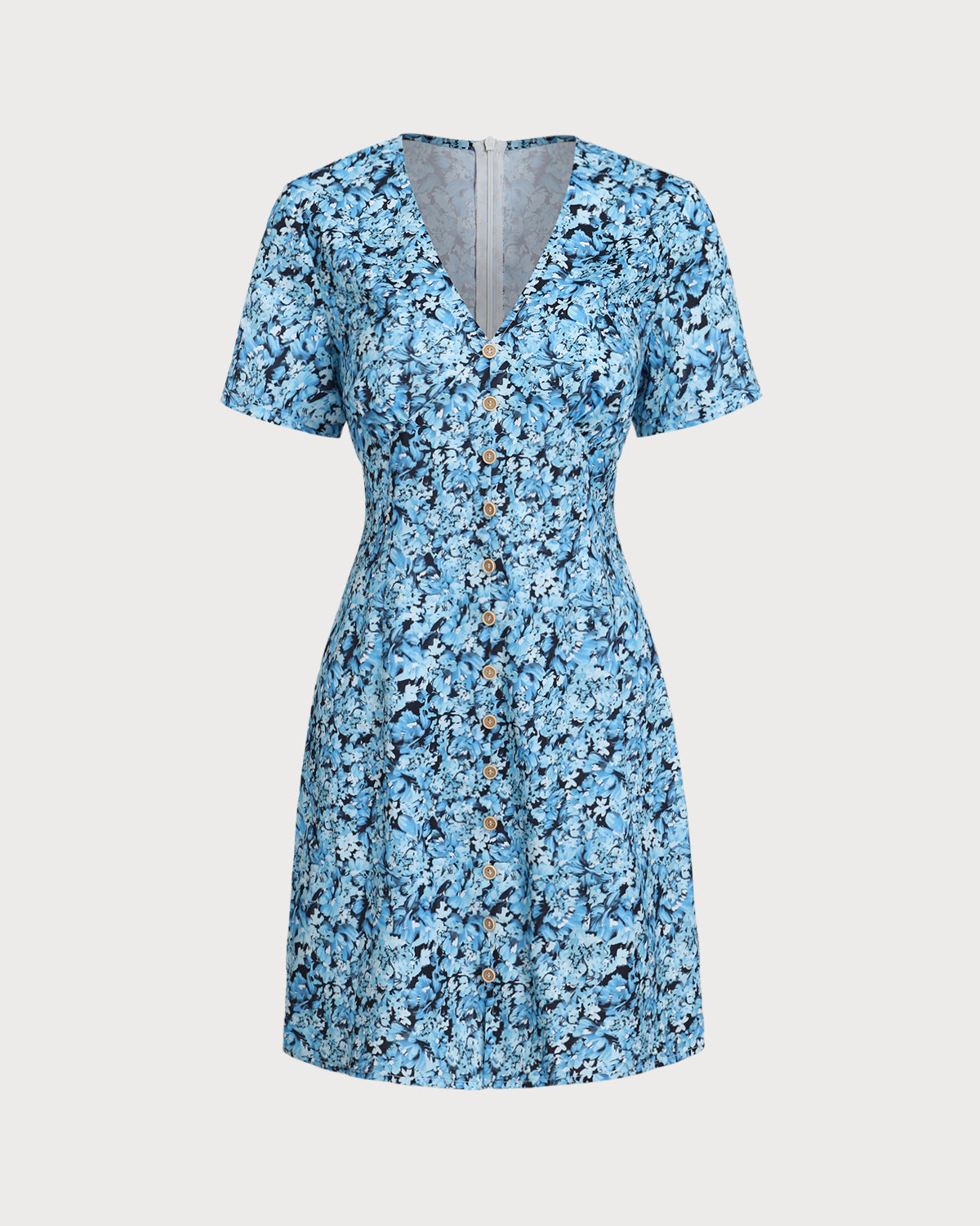 Blue Floral V-Neck Button Mini Dress - Threadford