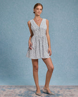 Blue Floral V Neck Pleated Mini Dress - Threadford