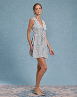 Blue Floral V Neck Pleated Mini Dress - Threadford
