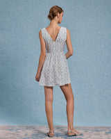 Blue Floral V Neck Pleated Mini Dress - Threadford