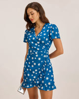 Blue Floral Wrap Mini Dress - Threadford