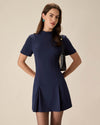 Blue Mock Neck Pleated Mini Dress - Threadford