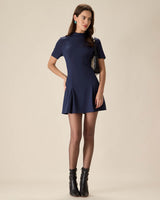Blue Mock Neck Pleated Mini Dress - Threadford