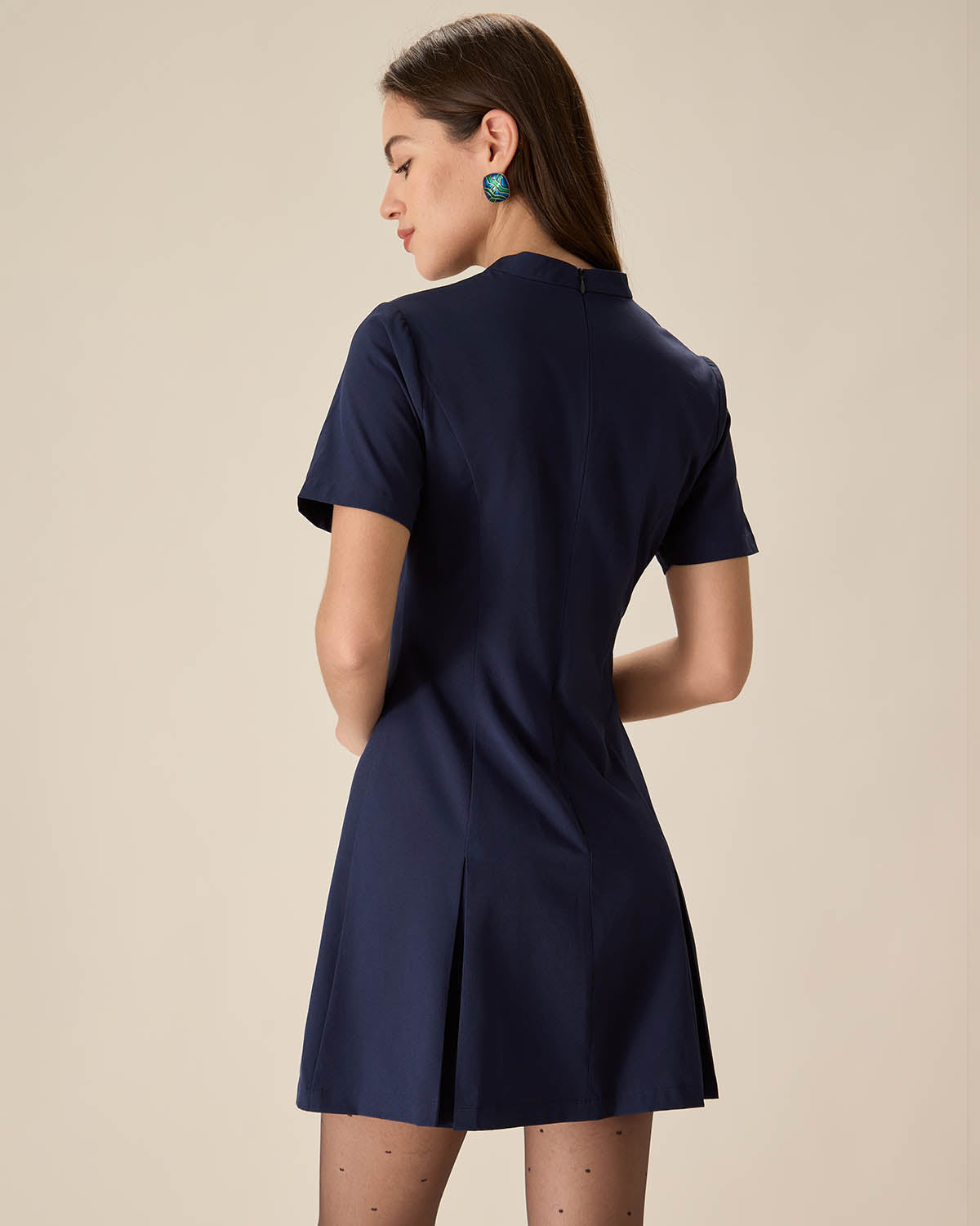 Blue Mock Neck Pleated Mini Dress - Threadford