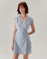 Blue Plaid Cap Sleeve Wrap Mini Dress - Threadford