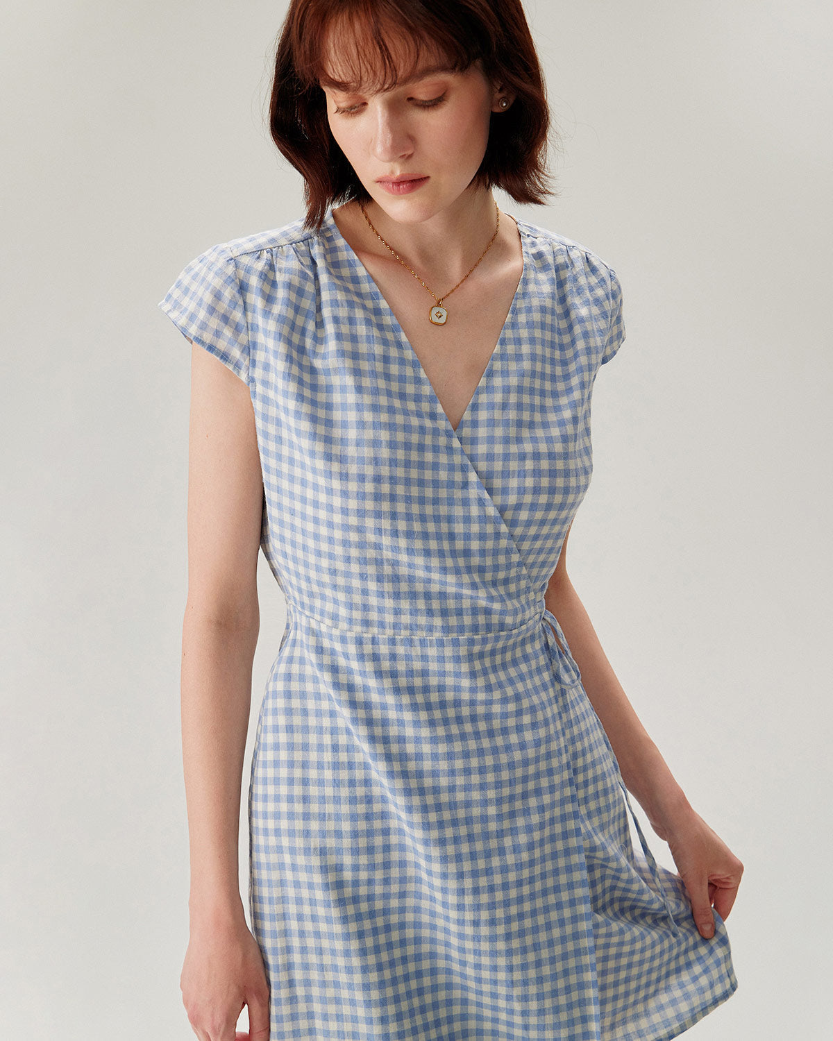 Blue Plaid Cap Sleeve Wrap Mini Dress - Threadford