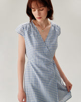 Blue Plaid Cap Sleeve Wrap Mini Dress - Threadford