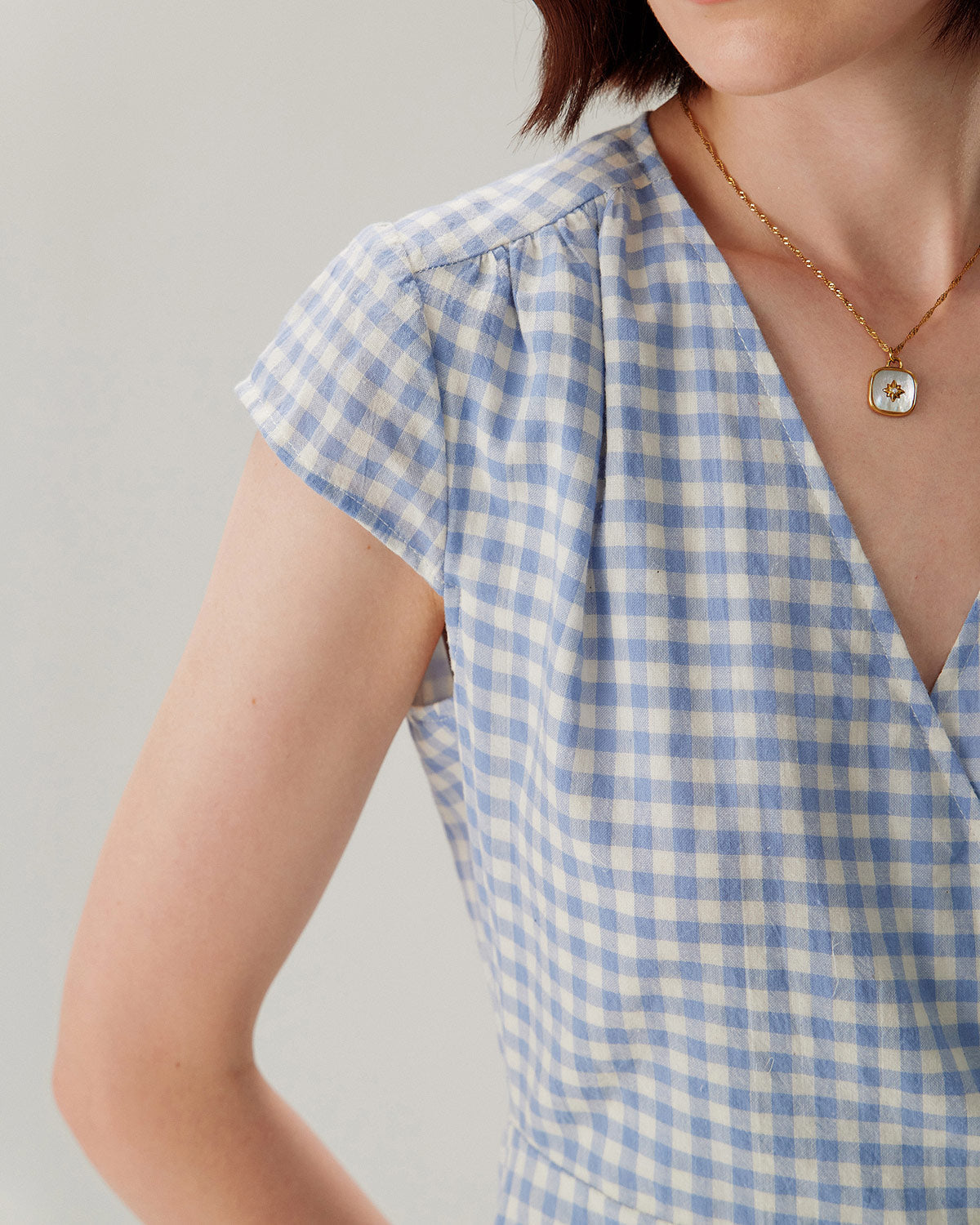 Blue Plaid Cap Sleeve Wrap Mini Dress - Threadford