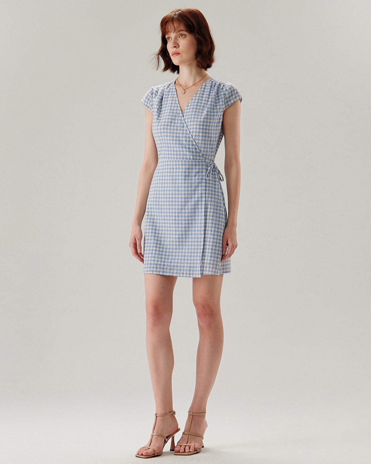 Blue Plaid Cap Sleeve Wrap Mini Dress - Threadford