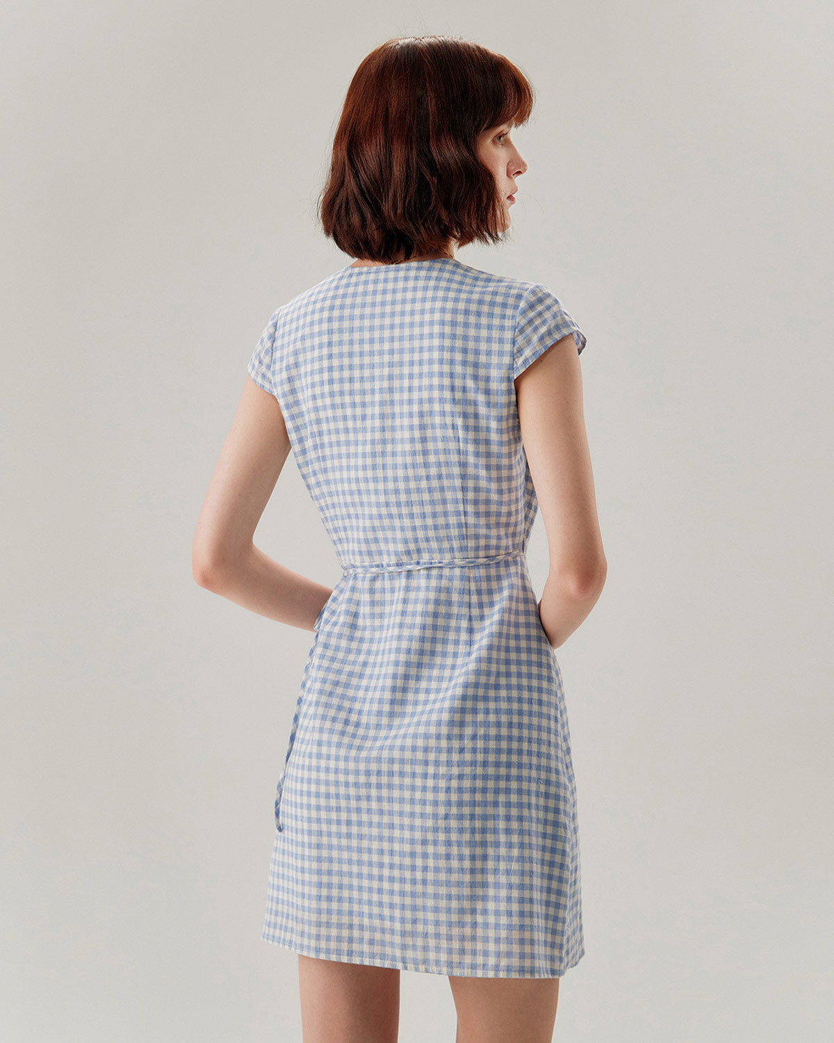 Blue Plaid Cap Sleeve Wrap Mini Dress - Threadford