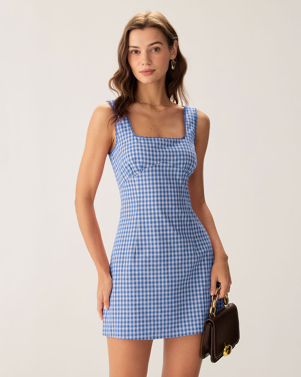 Blue Plaid Square Neck Slip Mini Dress - Threadford