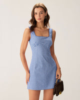 Blue Plaid Square Neck Slip Mini Dress - Threadford