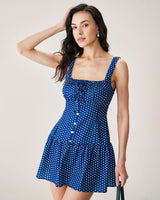 Blue Polka Dot Ruched Slip Mini Dress - Threadford