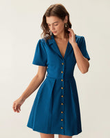 Blue Puffed Sleeve Button Mini Dress - Threadford