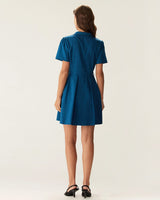 Blue Puffed Sleeve Button Mini Dress - Threadford