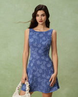 Blue Round Neck Sleeveless Mini Dress - Threadford