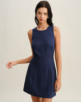 Blue Round Neck Zipper Sleeveless Mini Dress - Threadford