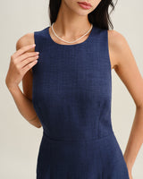 Blue Round Neck Zipper Sleeveless Mini Dress - Threadford