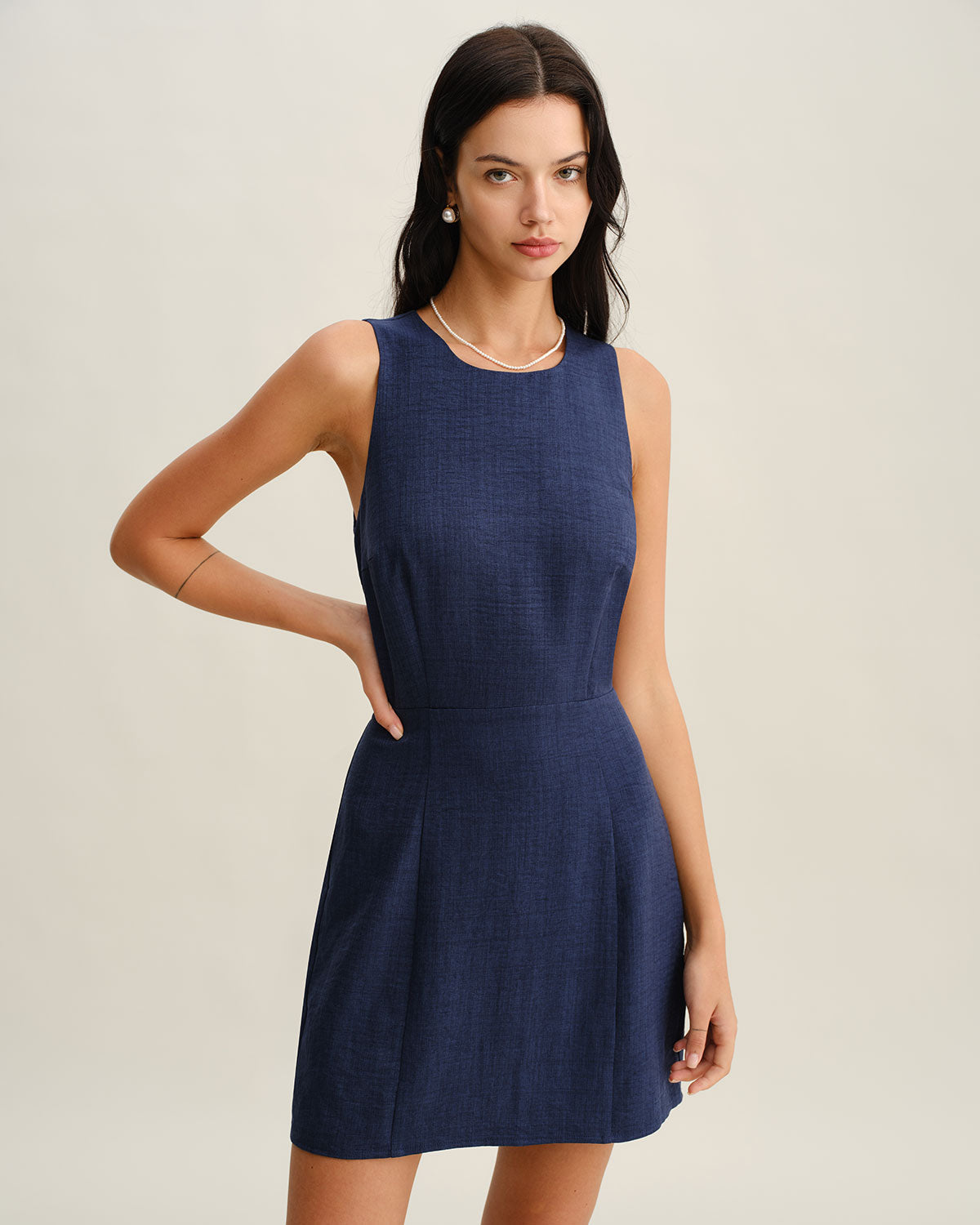 Blue Round Neck Zipper Sleeveless Mini Dress - Threadford